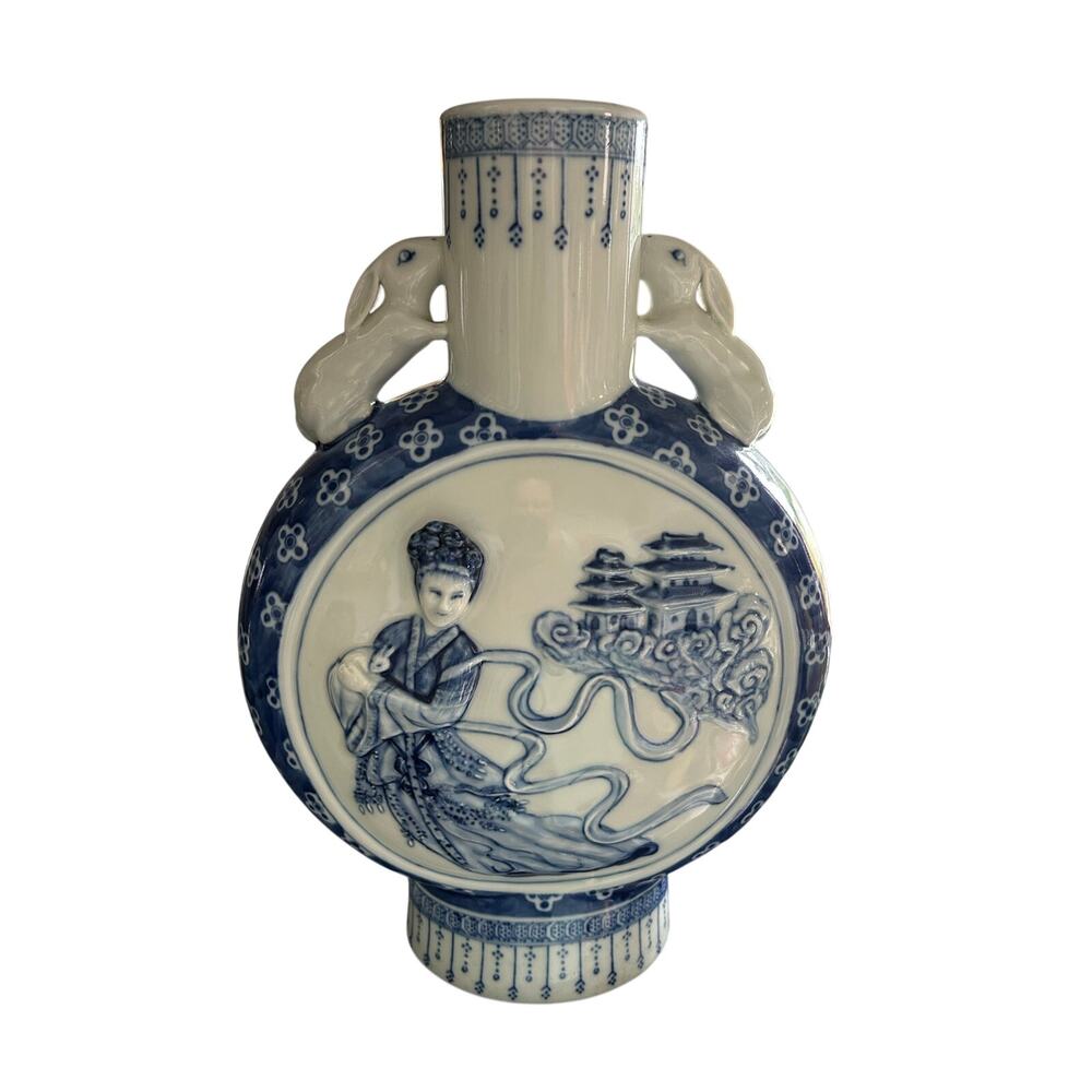 Blue White Porcelain Gourd Vase 16” Tall Rabbit Handles Asian 3D effect Vintage